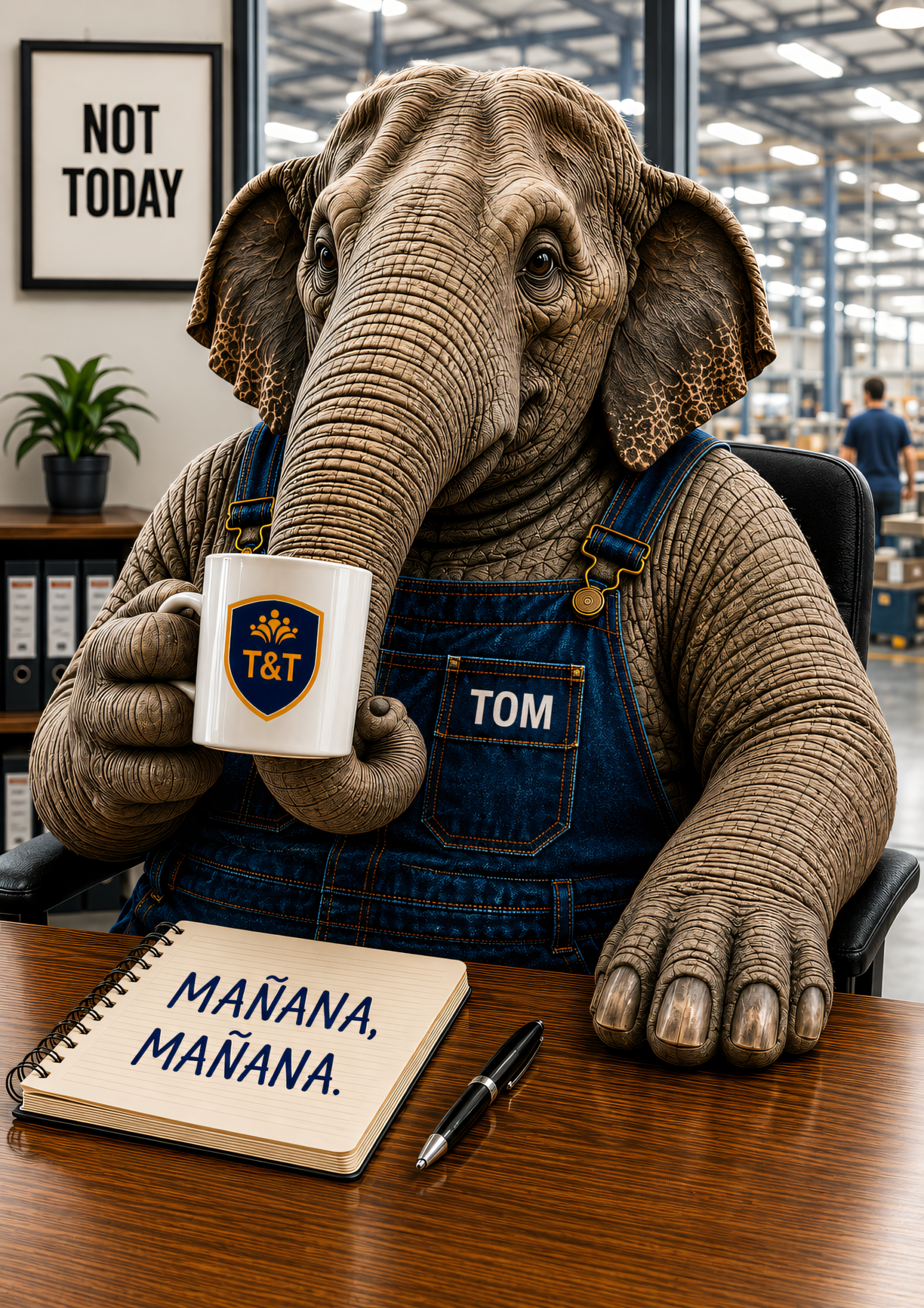 Tom, a serious elephant in blue work overalls, representing hidden organisational waste